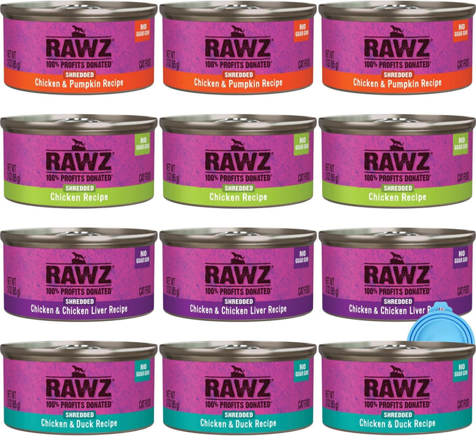 Rawz natural premium canned cat wet food shredded, 12-pack chicken variety, 4 flavors, 3oz cans