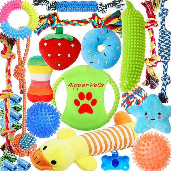 aipper dog toys 25 pack for fun and teeth cleaning, puppy chew toys with squeak plush toys, squeaky toy balls, and tug of war ropes for small dogs