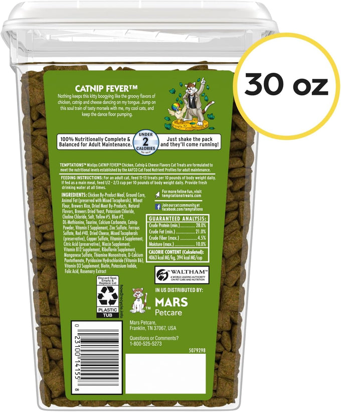 Temptations cat treats, 30 oz. tub, crunchy and soft, catnip fever flavor, low calorie, adult cat