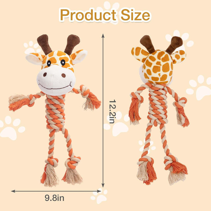 Giraffe plush squeak toy for dogs, premium soft plush, reinforced braided rope, squeaker & crinkle paper, machine washable
