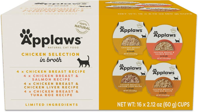 applaws natural wet cat food in broth, high protein variety pack 8 x 2.12 oz easy-open cups