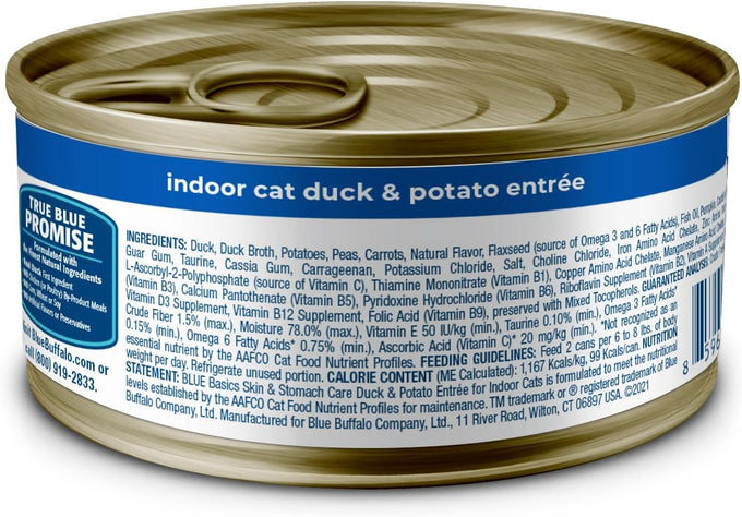 Blue Buffalo Basics Grain-Free Wet Cat Food for Indoor Cats, Duck & Potato Entrée, 3-oz Cans (24 Count)