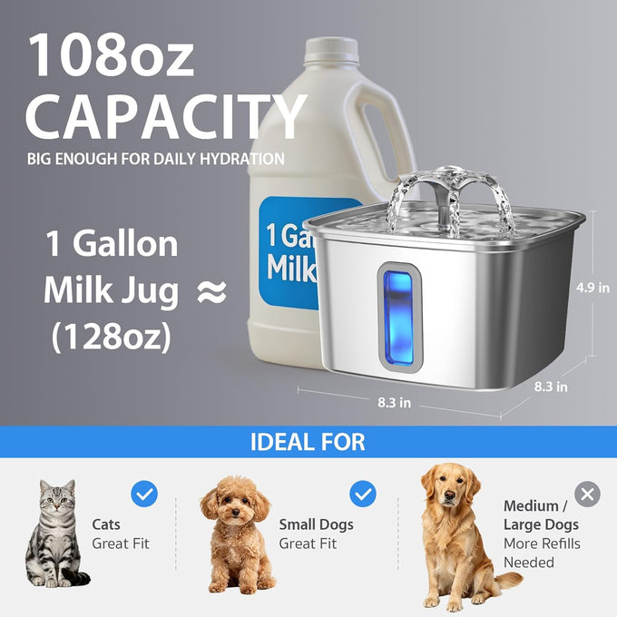Veken Stainless Steel Cat Water Fountain, 108oz/3.2L Automatic Pet Fountain with 3 Replacement Filters & Silicone Mat, Silver