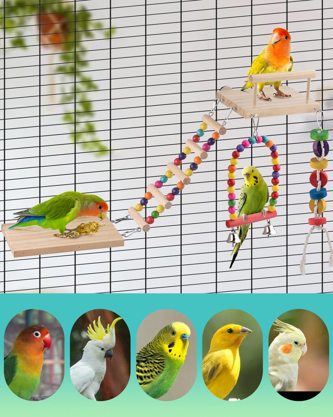 dbness 5in1 wooden bird perch toys for parakeet parrot cage accessories with climbing ladder swing and perches