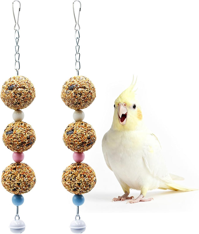 Bird toys, 2 pack, 3 natural cereal foraging balls, cage toys for parakeet, budgie, cockatiel, lovebird, green cheek, small to medium birds