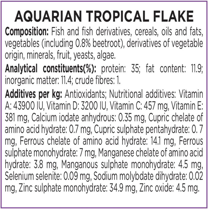 Aquarian Tropical Flakes for Community Tropical Fish 50g Complete Balanced Diet Active Fish Color Enhancement