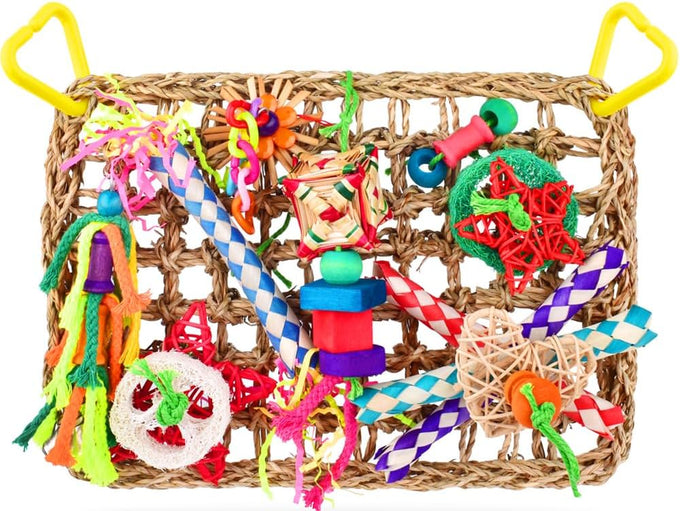 KATUMO Large-Sized Grass Mat with Colorful Parrot Foraging Shredder Hanging Toys for Conure Birds