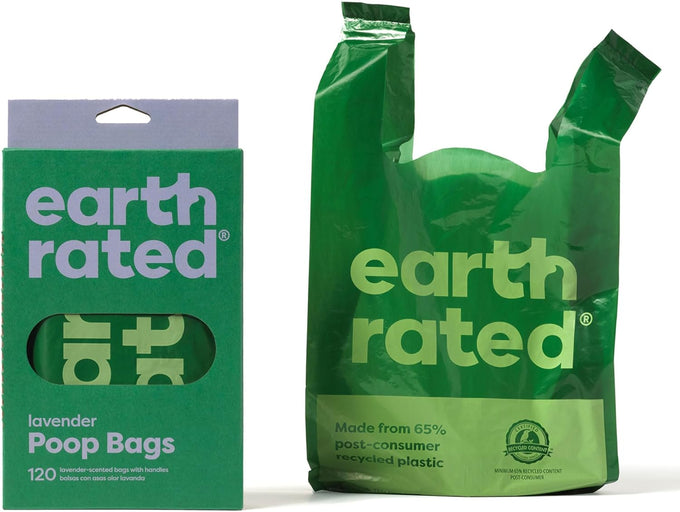 Earth Rated eco-friendly dog poop bags with handles, lavender scented, 120 count, 65% recycled plastic