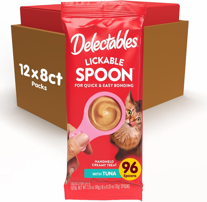 delectables lickable spoon handheld wet cat treats made with real salmon & tuna, creamy puree, mess free, quick & easy, grain-free 32ct variety pack