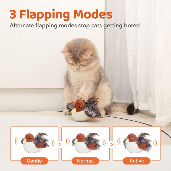 Potaroma rechargeable sparrow cat toy, 4.0 inches, lifelike chirp, touch activated, USB chargeable, soft plush, catnip pouch