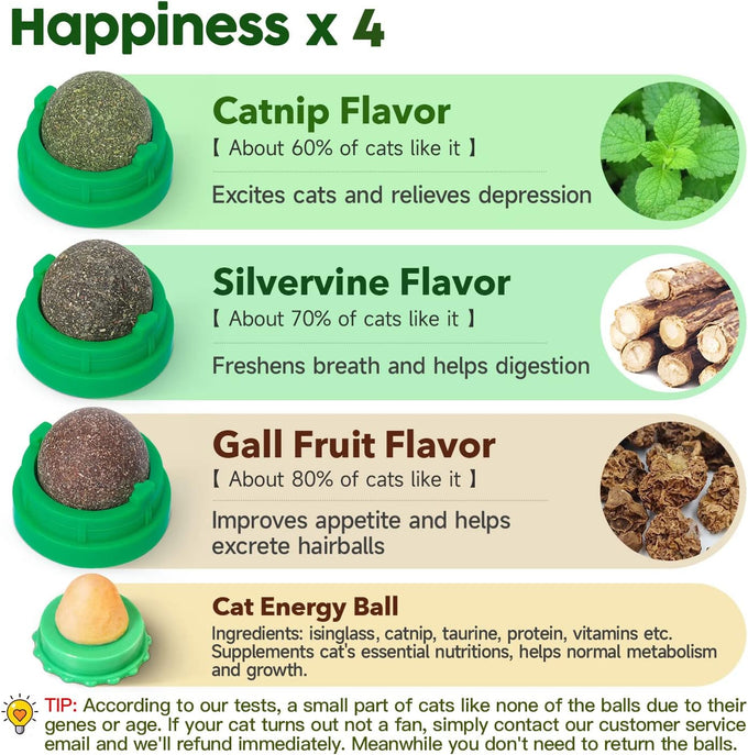 Potaroma catnip toys balls 4 Pcs green, edible kitten silvervine, healthy kitty teeth cleaning dental chew toys