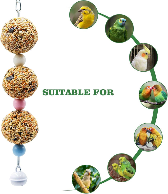 Bird toys, 2 pack, 3 natural cereal foraging balls, cage toys for parakeet, budgie, cockatiel, lovebird, green cheek, small to medium birds