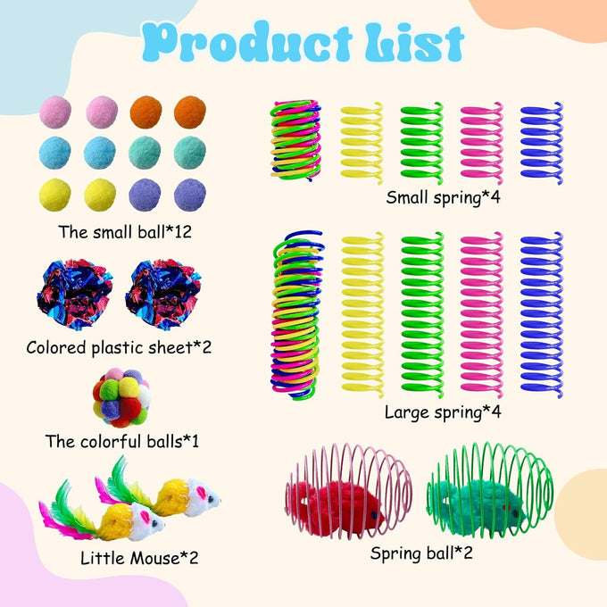 27-piece indoor cat toy set with plush balls, spring mice, and crinkle balls for boredom relief and self play