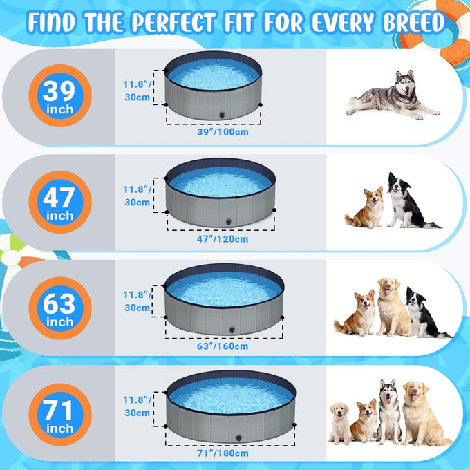 Foldable Gray Kiddie Pool with Hard Plastic Non-Slip Thickened Bottom for Small Medium Large Dogs and Kids