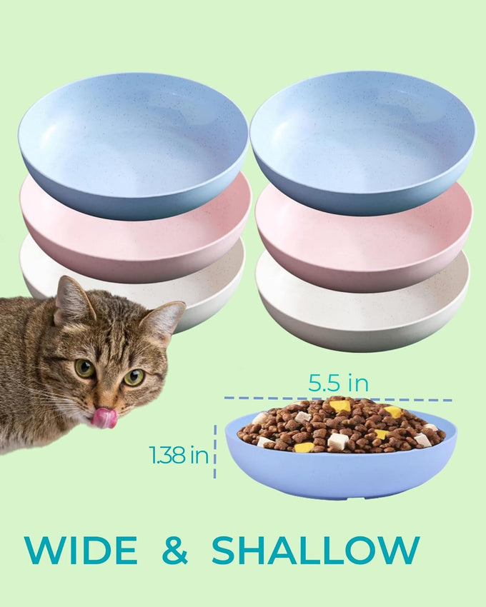 6-pack cat food bowls with non-slip feet, shallow relief, 5.5" wide, bpa-free, dishwasher safe
