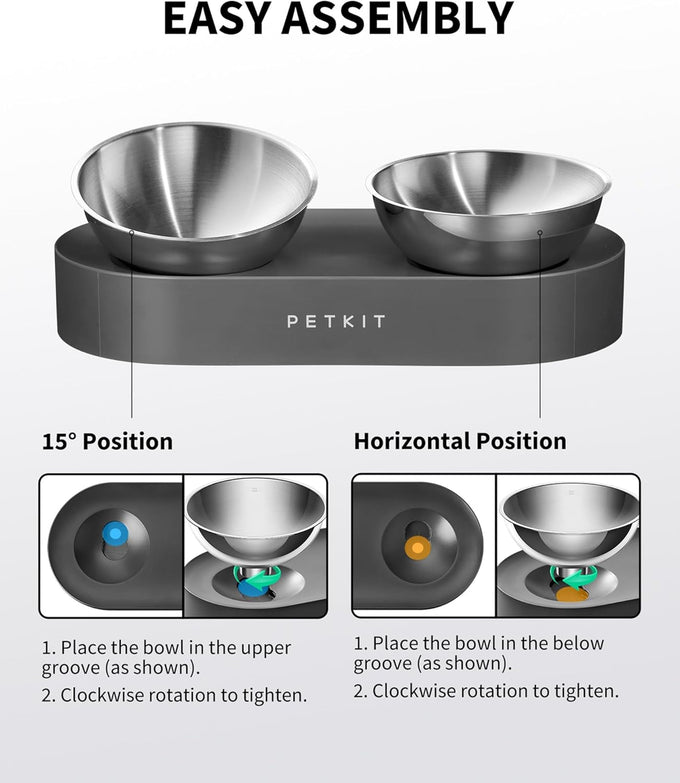 petkit 304 stainless steel elevated cat and dog bowls, non-slip, anti-vomiting, 15° tilted, dishwasher-safe