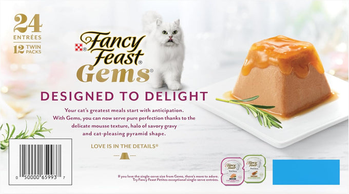 Fancy Feast Gems pate cat food mousse and savory gravy wet cat food variety pack, pack of 12, 4 oz boxes