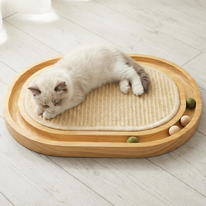 Natural Sisal cat scratcher with ball track, wooden base for indoor kittens and medium cats