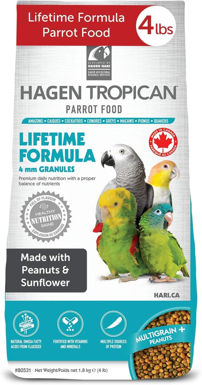 hagen tropican lifetime formula parrot food 4 lbs with peanuts and sunflower seeds