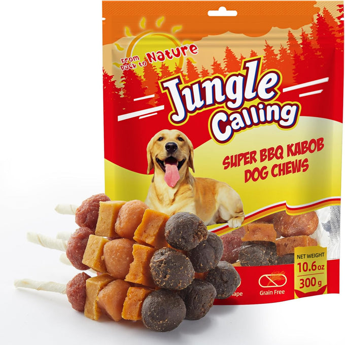 jungle calling multi-flavor kabob dog snacks, made with chicken, duck, beef, sweet potatoes, and pumpkin