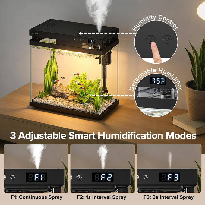 vehipa 2.2 gallon smart aquarium with humidifier, auto feeder, silent pump, temperature display & 7-color lighting, black