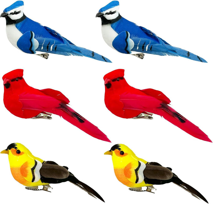 Lwingflyer 3pcs artificial birds realistic red cardinal blue jay yellow goldfinch with wire feet assorted ornaments for xmas tree decoration and crafts