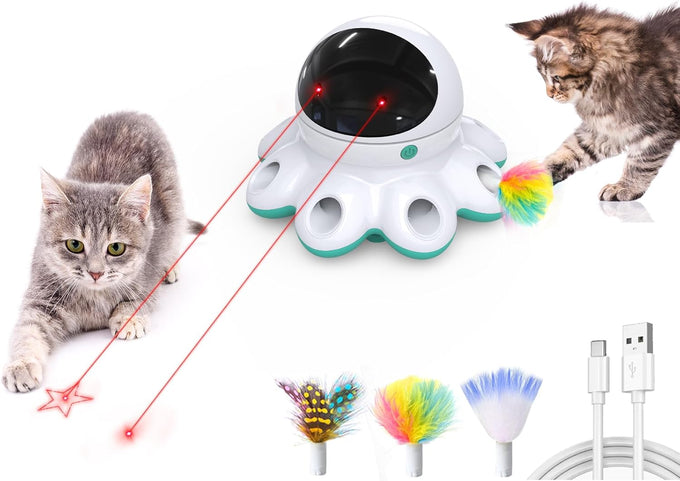 orsda 2-in-1 interactive automatic motion activated cat laser toy with feathers and usb rechargeable