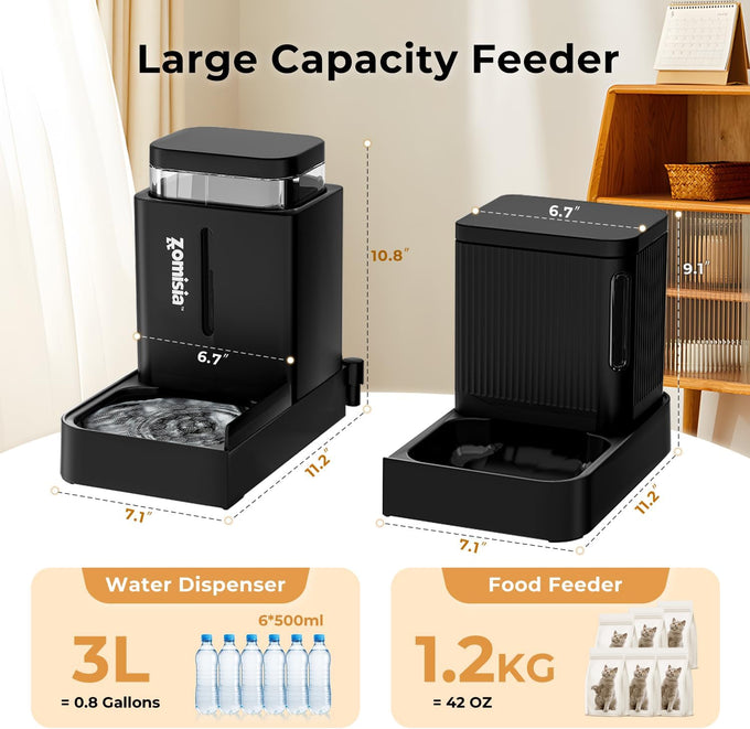 zomisia automatic cat feeder and water dispenser set with 180 degree rotatable for small dogs and cats black 0.8 gallon x 2
