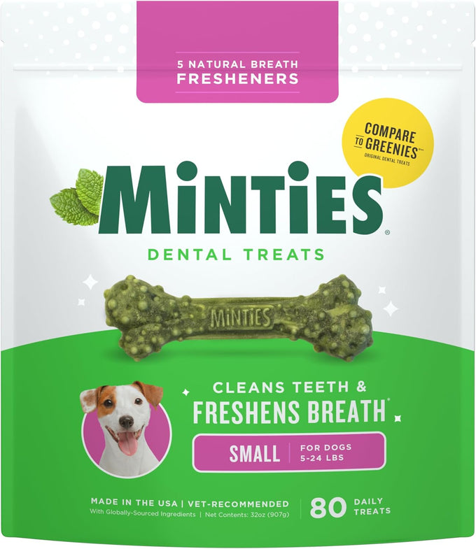 Vet-recommended minties dog dental bone treats, tiny/small dental dog treats for clean teeth and fresh breath, 80 count