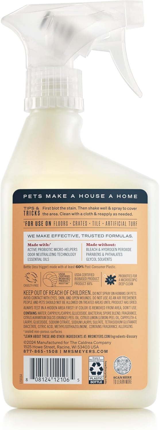 Mrs. MEYER'S CLEAN DAY Pet Multi-Surface Cleaner, Orange Blossom Scent, 16oz for hard surfaces and pet messes