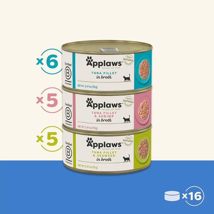 Applaws Natural Wet Canned Cat Food, Limited and Natural Ingredients, High Protein with No Artificial Additives, Fish Selection Variety Pack in Broth (16 x 2.47oz Cans)