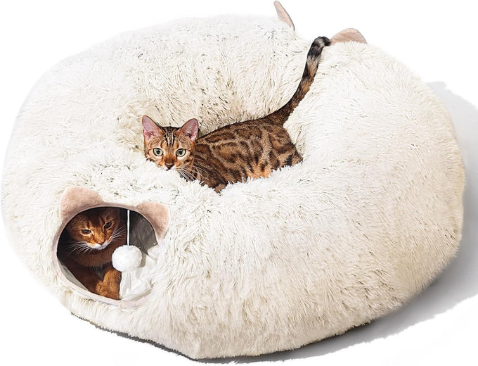 cat tunnel with cat bed for indoor cats, grey, multifunctional playground toys hideplace for kittens rabbit ferret
