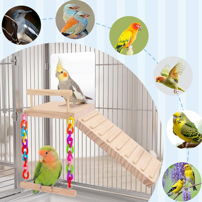 Wooden Bird Perch Platform Toy Set with Mirror, Climbing Ladder, and Swing for Parrots and Budgerigars