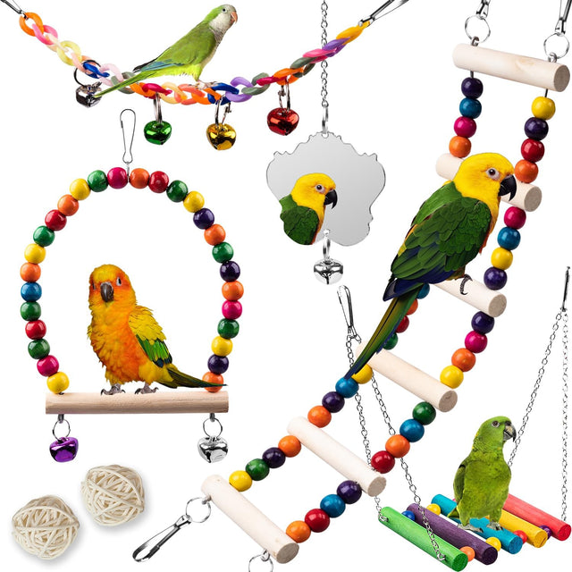 Wooden parakeet toys and accessories, 7-piece set for small conure, cockatiel, and budgie cages, 18 inches