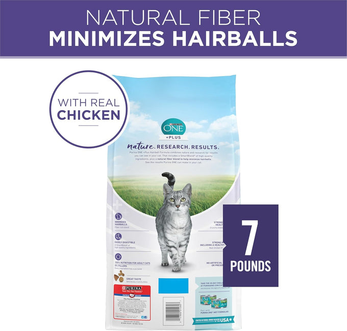 Natural adult dry cat food for hairball control with real chicken, high-protein recipe and crunchy kibble.