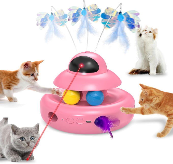 Mohaya 4-in-1 Interactive Cat Toy with Laser, Feather, and Track Balls - USB Rechargeable White