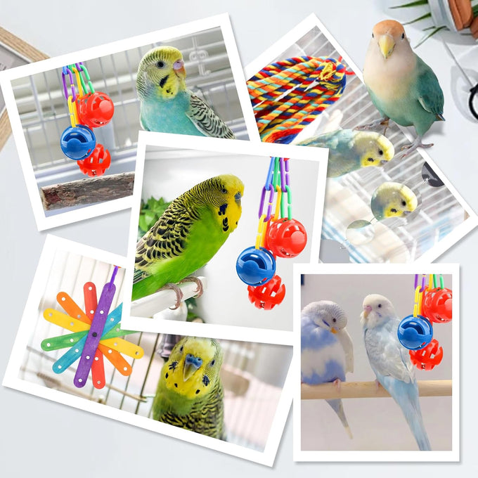 Quozuo small bird toys for parakeets, parrot, cockatiel, 4-piece bird cage accessories set