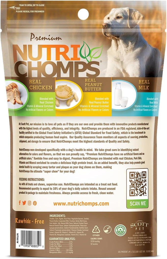 Nutri Chomps Dog Chews, Rawhide-Free, Real Chicken, Peanut Butter & Milk Flavors, 15 Count