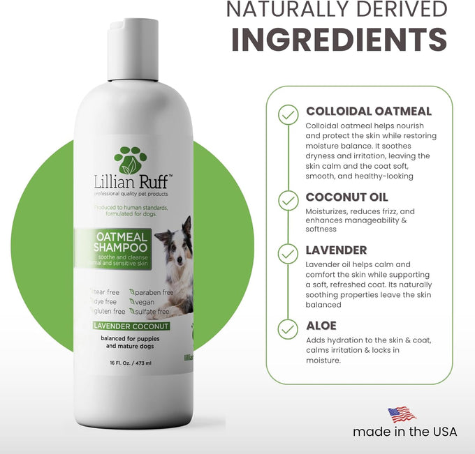 Lillian Ruff Pro oatmeal dog shampoo for dry skin, itching & allergies, 16oz with brush, made in USA, non-toxic, natural ingredients