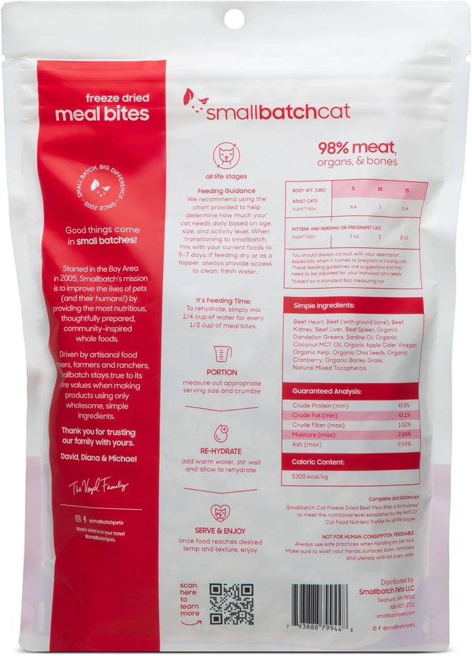 smallbatch freeze-dried raw cat food, beef recipe, high protein meal or topper, 10oz bag, usa made