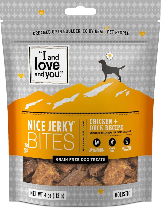 I and love and you Nice Jerky Bites, 4oz Grain-Free Soft & Chewy Dog Treats with Real Beef & Pasture-Raised Lamb, Ideal for Training & Protein Boost, Filler-Free Formula.
