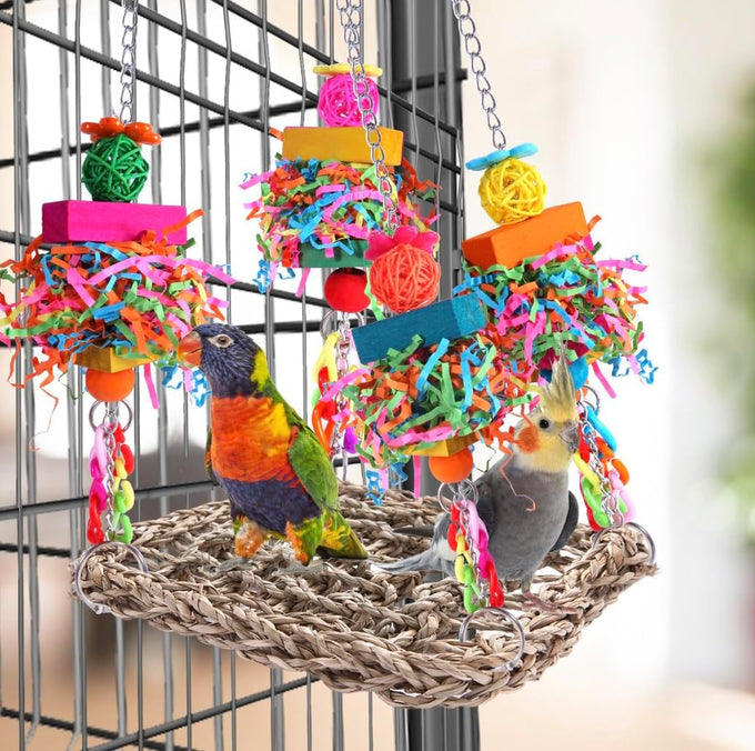 Parakeet bird toys, birdcage stands, and wall seagrass hammocks for lovebirds, cockatiel, budgie, and other small to medium-sized birds