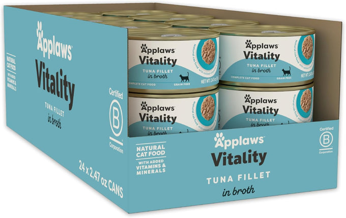 Applaws Vitality Wet Cat Food in Tuna Fillet & Shrimp Broth, Grain and Carrageenan Free, 24 Count, 2.47 oz Cans