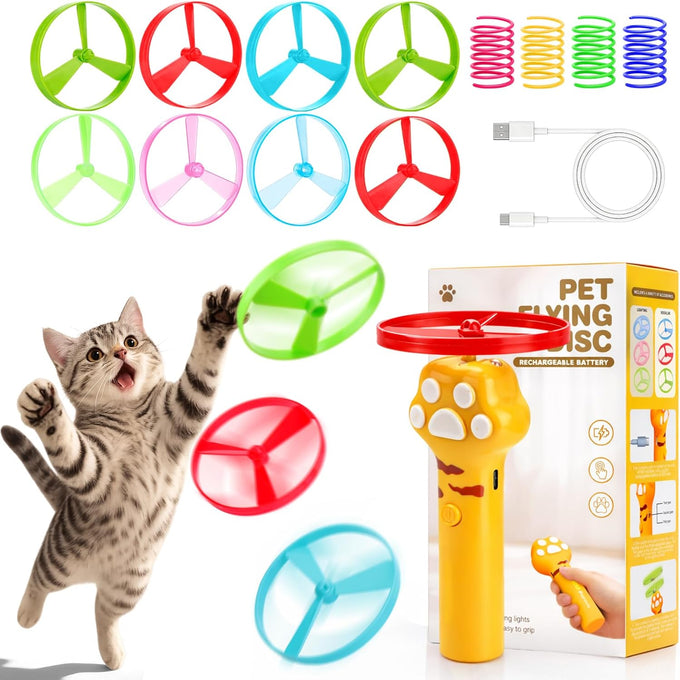 Baborui Yellow Cat Toy Disc Launcher Rechargeable Interactive Fetch Toy for Indoor Cats with 8 Flying Discs