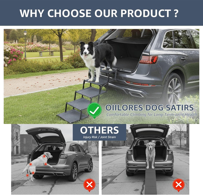 Oiilores extra-wide foldable dog stairs for large breeds, 5 steps, 250 lbs capacity, non-slip surface, 17x5x13 inches compact size