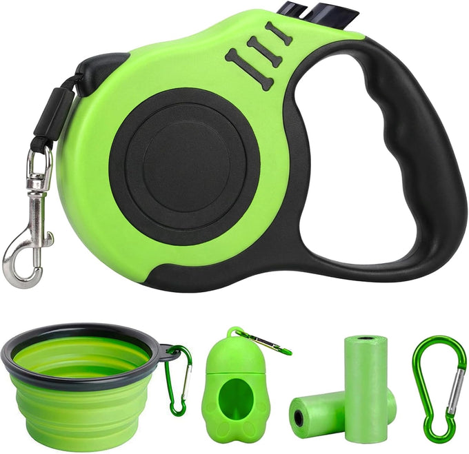 petimp lightweight 16ft retractable dog leash set with pink folding bowl and accessories