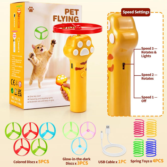 Baborui Yellow Cat Toy Disc Launcher Rechargeable Interactive Fetch Toy for Indoor Cats with 8 Flying Discs