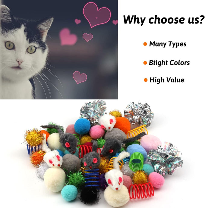 60-piece assorted cat toy set with kitten, mouse, crinkle, and pom pom balls