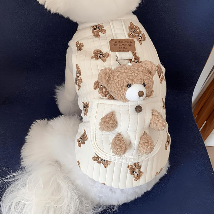 Cute pet apparel plush bear pattern cartoon dog clothes white 11-20lbs sleeveless pullover