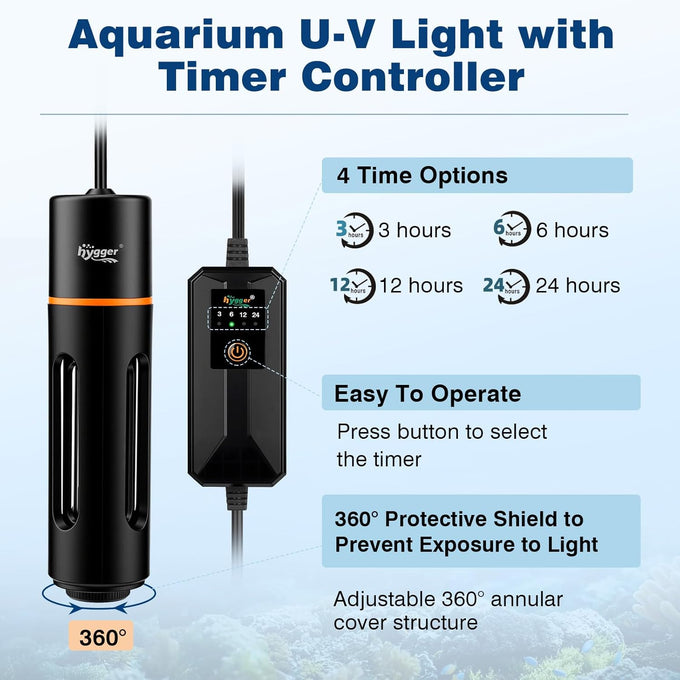 hygger 11w aquarium u-v light with timer for green water & algae, suitable for 60-180 gal freshwater & saltwater fish tanks